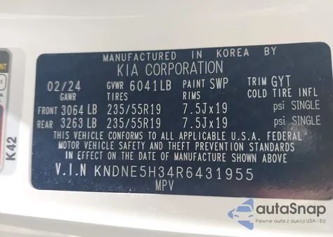 2024 Kia Carnival Sx/Sx Prestige z USA, uszkodzony, nr VIN KNDNE5H34R6431955